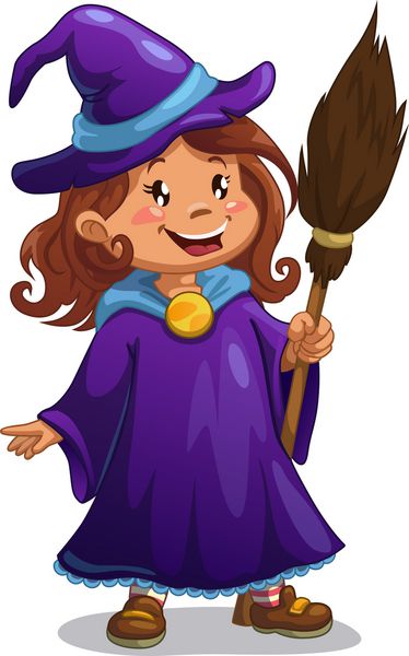 جادوگر کوچک دختر کارتونی زیبا در لباس هالووین با جارو بردار جدا شده