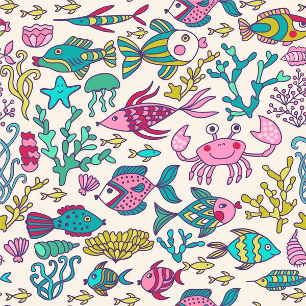 مجموعه کارتونی با لایو دریا مجموعه وکتور حیوانات دریایی رنگارنگ الگوی بدون درز دنیای دریا کاغذ دیواری دنیای زیر آب با ماهی اختاپوس و پوشش گیاهی