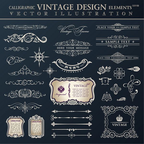 مجموعه وکتور پرنعمت آراسته عناصر طراحی خوشنویسی و دکوراسیون صفحه مجموعه با تزیینات سلطنتی