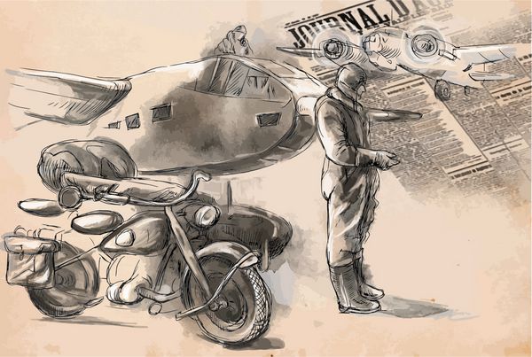 تصویر قدیمی از سری جهان بین 1905-1949 در فرودگاه - یک سرباز سوار بر موتور سیکلت بین هواپیما یک وکتور با دست کشیده شده تبدیل شده