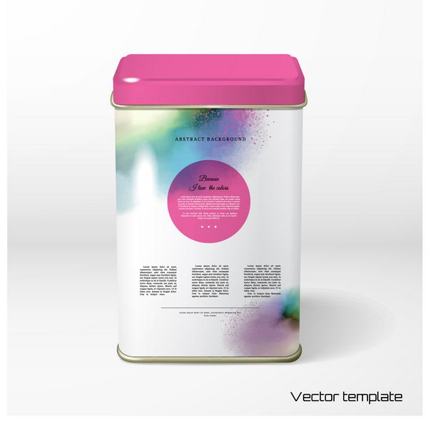 جسم وکتور بسته بندی قلع مربع چای قهوه محصولات خشک طراحی دستی با لکه ها و لکه های رنگی لطفا برای متن شما
