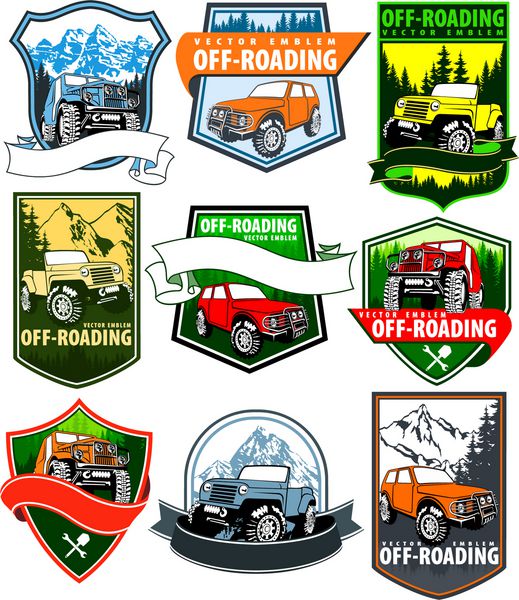 مجموعه ای از نمادهای وکتور با خودروی 44 خودروی آفرود و جنگل کوهستانی