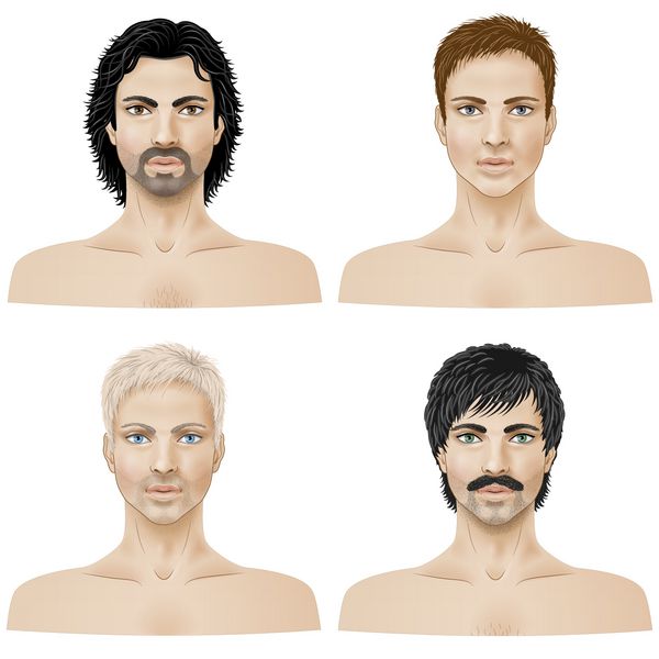 مجموعه ای از مردان جوان با مدل موی متفاوت جدا شده روی سفید