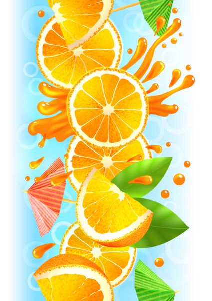 وکتور حاشیه پرتقال ورقه شده با برگ و آب میوه پاشیده شده