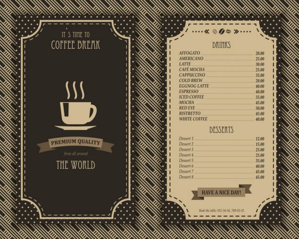 قالب لیست طراحی منوی قهوه خانه زیبا با وکتور عناصر تزئینی در رنگ های قهوه ای سبک رترو