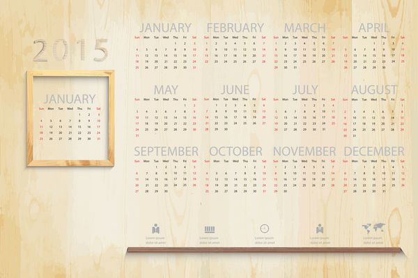 تقویم ساده 2015 روی پس زمینه قاب چوبی عکس و نماد تجاری وکتور eps