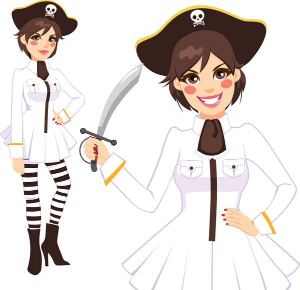 زن زیبا با لباس دزد دریایی سفید و شمشیر آماده برای مهمانی هالووین