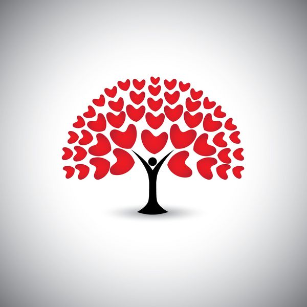 نمادهای قلب یا عشق و افراد به عنوان درخت یا گیاه - وکتور مفهومی این گرافیک همچنین نشان دهنده هماهنگی گسترش عشق همدلی و شفقت است