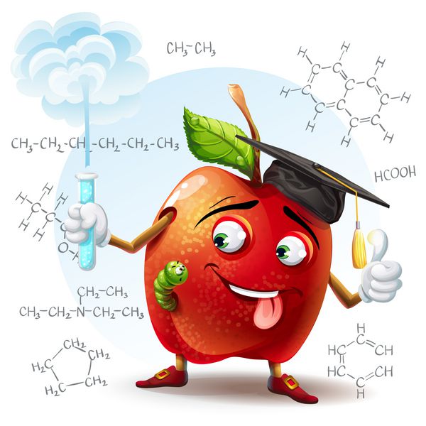 تصویر سیب دانشور مدرسه با ماده مضر در لوله آزمایش در دست و فرمول های شیمیایی در پس زمینه