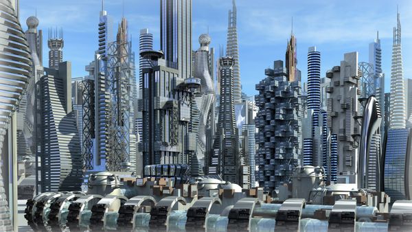 شهر علمی تخیلی با ساختارهای شیشه ای فلزی برای پس زمینه های آینده نگر یا فانتزی