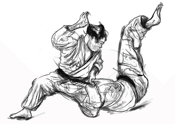 یک تصویر کشیده شده با دست تبدیل به وکتور از سری هنرهای رزمی جودو جودو یک هنر رزمی مدرن و ورزش رزمی است که در سال 1882 در ژاپن ایجاد شد