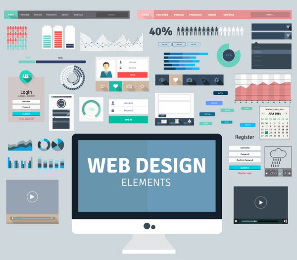 مجموعه ای از مفاهیم طراحی مسطح برای صفحات وب سایت رسانه های اجتماعی ارتباطات آنلاین عناصر طراحی وب