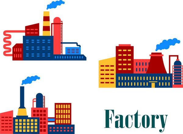 نمادهای تخت ساختمان صنعتی کارخانه و کارخانه برای طراحی منظره شهری صنعت و محیط زیست