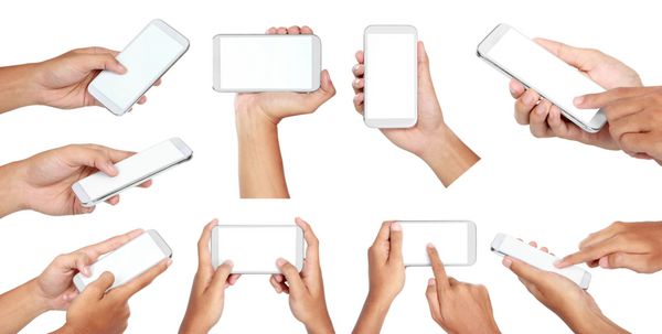 مجموعه ای از دست نگه داشتن تلفن همراه هوشمند با صفحه نمایش خالی جدا شده روی سفید