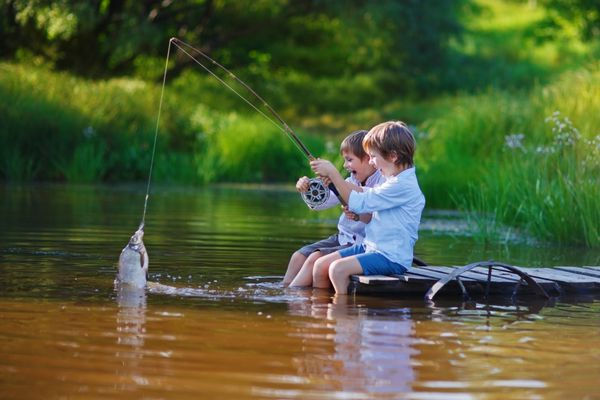 دو پسر جوان ناز در حال ماهیگیری در یک دریاچه در یک روز تابستانی آفتابی بچه ها هستند دوستی
