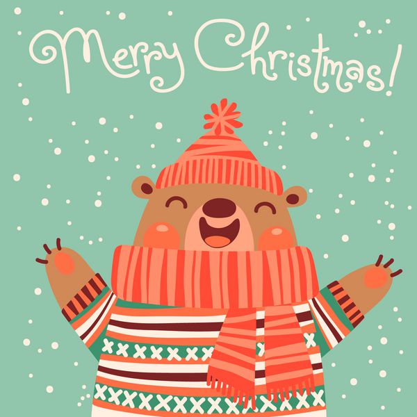 کارت کریسمس با یک خرس قهوه ای زیبا وکتور