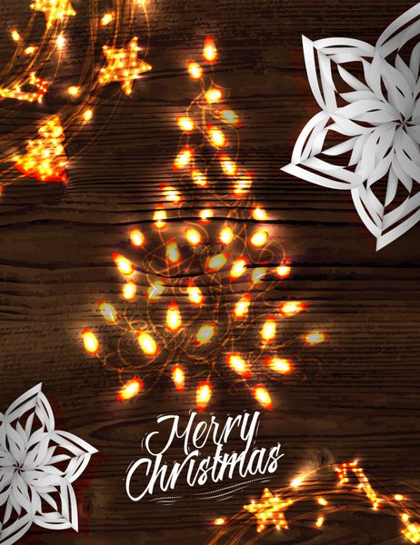 پوستر گلدسته درخت کریسمس با حروف کریسمس مبارک و سال نو مبارک به سبک رترو با تزئینات در گلدسته و دانه های برف کاغذی در زمینه چوب