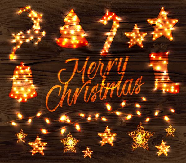 گلدسته کریسمس و اسباب‌بازی‌های درخت کریسمس درخشان جوراب آب نبات گوزن شمالی زنگ گلدسته ستاره‌ای به سبک رترو با تزئینات در گلدسته‌هایی با دستکش در زمینه چوب