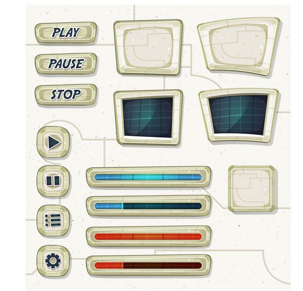 آیکون‌های scifi sp برای بازی رابط کاربری نشان‌دهنده مجموعه‌ای از طراحی کارتونی مختلف بازی رابط کاربری sp و عناصر scifi شامل بنرها علائم دکمه‌ها بارگذاری و نماد برنامه