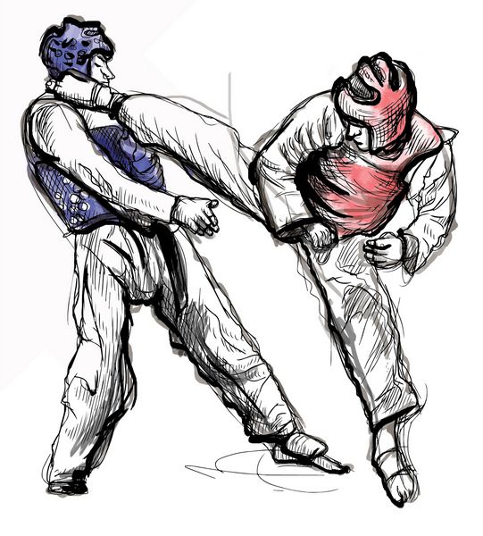 وکتور تبدیل شده با دست به خط از سری هنرهای رزمی تکواندو یک هنر رزمی کره ای است ترکیبی از فنون مبارزه و دفاع شخصی با ورزش و تمرین