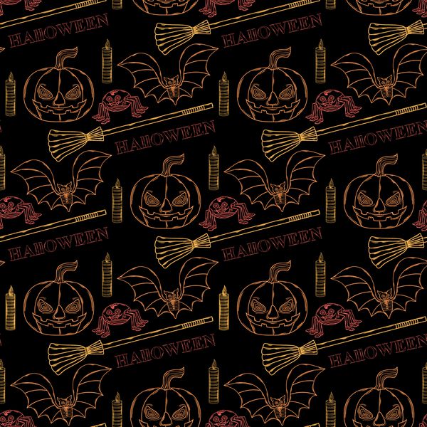 الگوی بدون درز هالووین با عناصر مضمون یک عنکبوت شوم خفاش جارو جادوگر شمع کدو تنبل در پس زمینه تیره با متن هالووین
