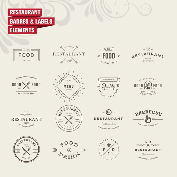 مجموعه ای از نشان ها و عناصر برچسب برای رستوران