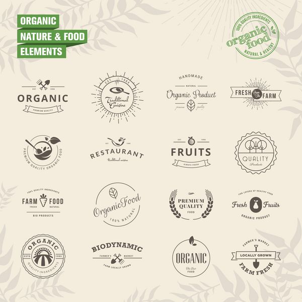 مجموعه ای از نشان ها و عناصر برچسب برای طبیعت و غذای ارگانیک
