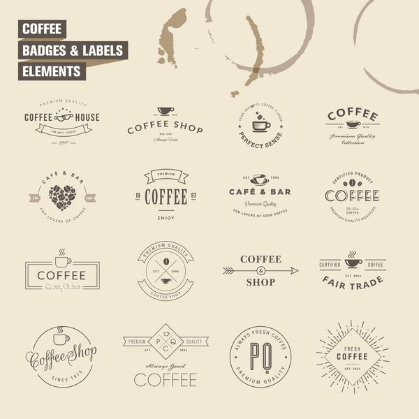 مجموعه ای از نشان ها و عناصر برچسب برای قهوه