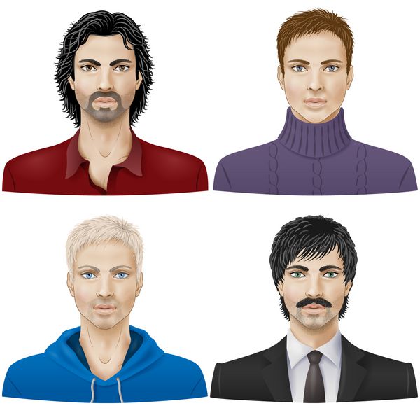 مجموعه ای از مردان جوان با مدل موی متفاوت جدا شده روی سفید