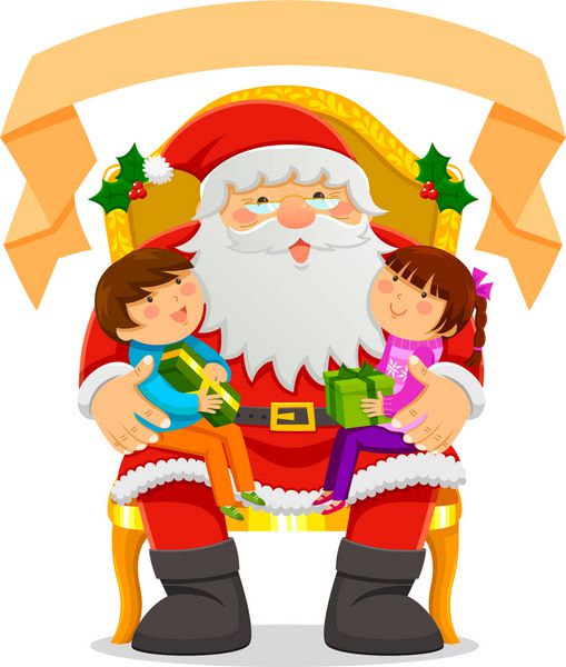 بابا نوئل با دو بچه روی بغلش و یک برچسب خالی روی آن