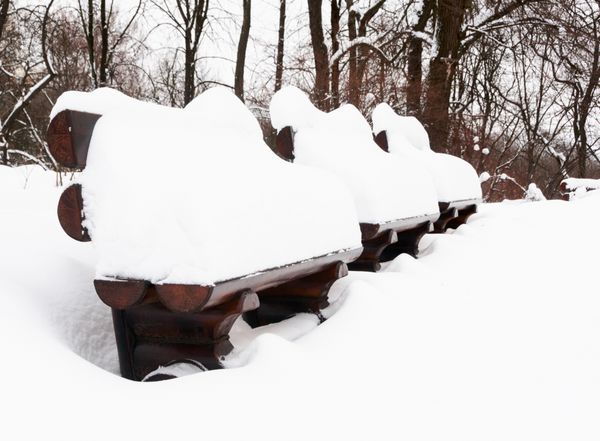 نیمکت های چوبی پر از برف در پارک زمستانی
