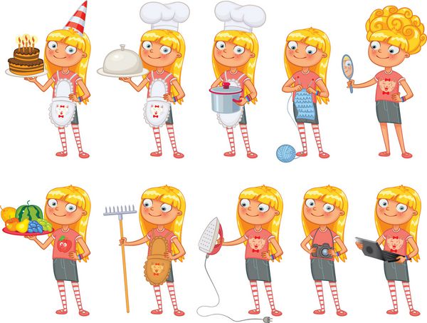 دختر بچه در همان حالت ایستاده و اشیاء مختلفی را در دست دارد قسمت هایی از قالب بدن برای کار طراحی و انیمیشن شخصیت کارتونی خنده دار وکتور جدا شده در زمینه سفید تنظیم