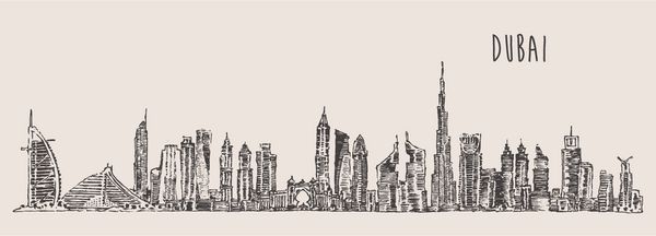 سیلوئت دقیق خط افق شهر دبی وکتور حکاکی شده با دست