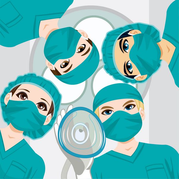تیم پزشکی که روی یک جراحی کار می کند و دکتری که ماسک اکسیژن را به سمت بیمار نگه می دارد