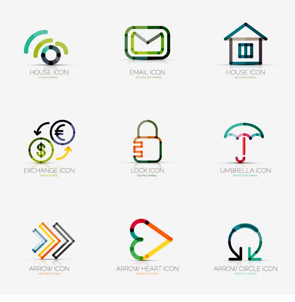 مجموعه ای از 9 لوگوی مختلف شرکت نمادهای تجاری ایمیل وای فای خانه صرافی قفل حفاظت امنیتی چتر فلش سمت راست قلب مانند فلش اجتماعی دایره چرخش دور