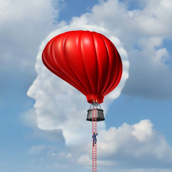 بررسی مفهوم پزشکی مغز یا استعاره کسب و کار به عنوان مردی که از نردبان بالا می رود یا پایین می آید به سمت بالون هوایی که به شکل مغز انسان است به عنوان نمادی برای آزادی تفکر هوشمند