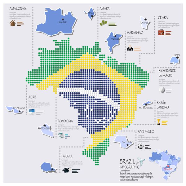 نقشه نقطه و پرچم الگوی طراحی اینفوگرافیک برزیل