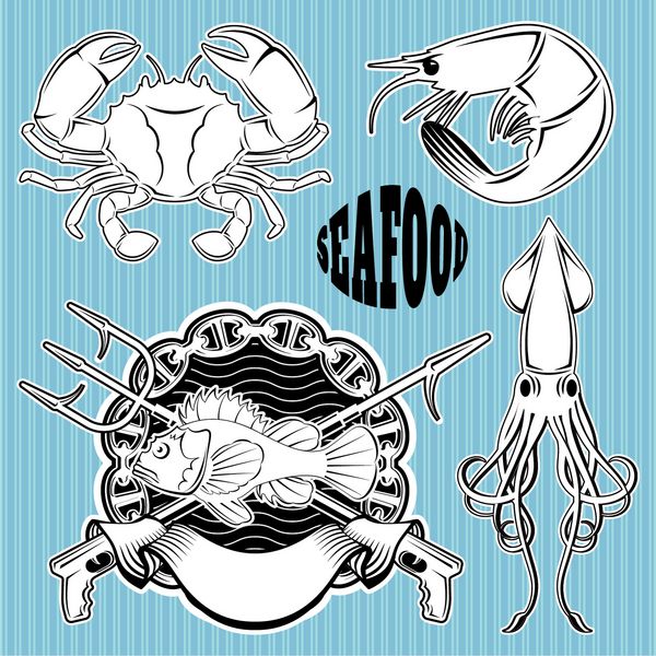 مجموعه ای از الگوهای وکتور برای نشان به موضوع غذاهای دریایی