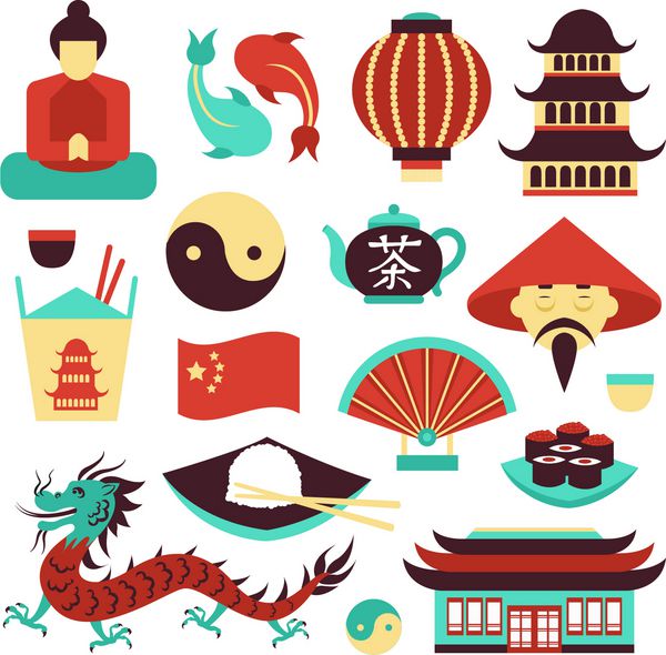 چین سفر چین نمادهای فرهنگ سنتی آسیایی مجموعه ایزوله وکتور