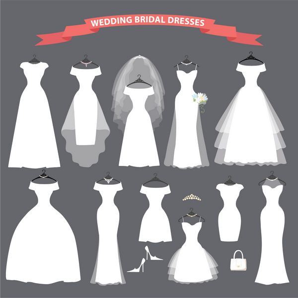لباس عروس در سبک های مختلف لباس عروس مد ساخته شده به سبک مدرن لباس سفید ست لوازم جانبی سیلوئت وکتور پس زمینه تعطیلات ترکیب دوش عروس