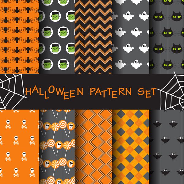 10 الگوی بدون درز وکتور مختلف هالووین بافت بی پایان را می توان برای کاغذ دیواری پر کردن الگو صفحه وب پس زمینه گشت و گذار استفاده کرد