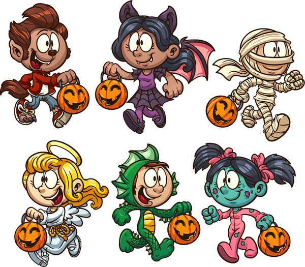 کارتونی بچه های هالووین وکتور وکتور کلیپ آرت با شیب های ساده هر کدام در یک لایه جداگانه