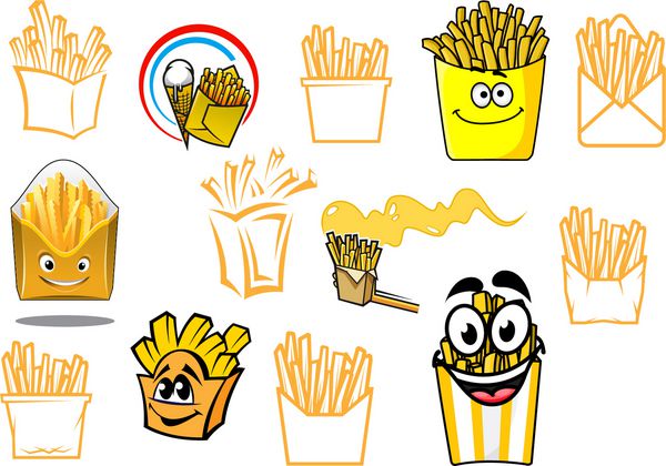 مجموعه نمادها یا نمادهای سیب زمینی سیب زمینی کارتونی انواع رنگارنگ و طرح کلی برای آشپزی فست فود کافه منوی رستوران یا طراحی لوگو