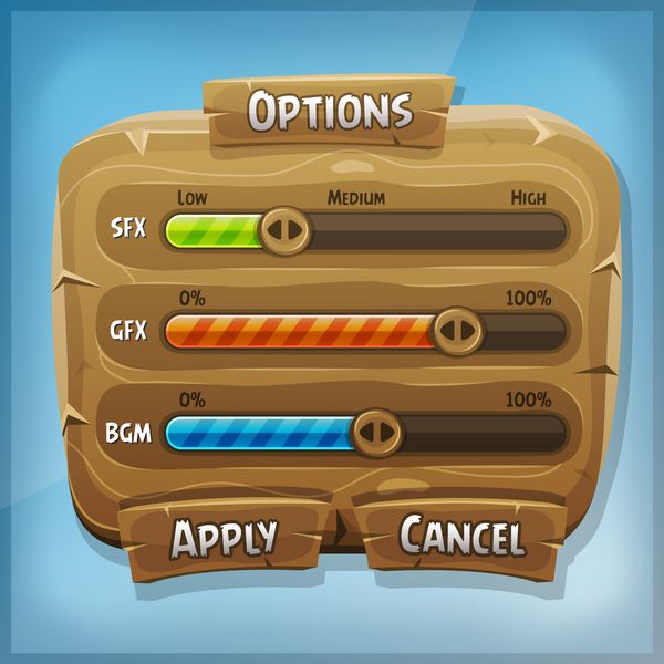 پانل کنترل چوب کارتونی برای بازی رابط کاربری تصویر کارتونی خنده دار طراحی کارتونی رابط کاربری بازی پنل گزینه های چوبی کنترل پنل شامل وضعیت و سطح s برای برنامه در رایانه لوحی با آسمان آبی بهاری