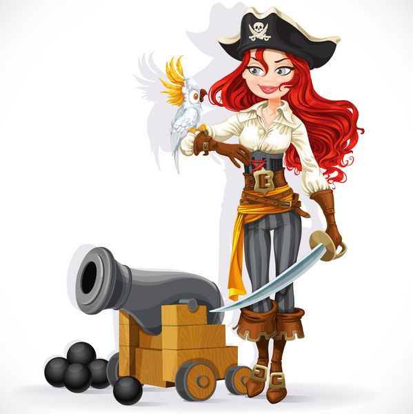 دختر دزد دریایی ناز با طوطی و توپخانه جدا شده در پس زمینه سفید