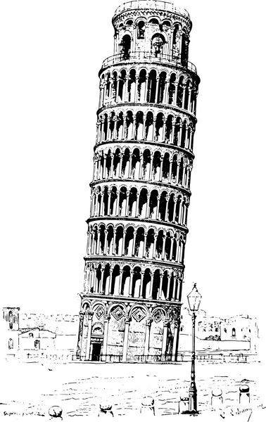 برج پیزا یا برج پیزا تصویر حکاکی شده قدیمی فرهنگ لغات و اشیا - لاریو و فلوری - 1895