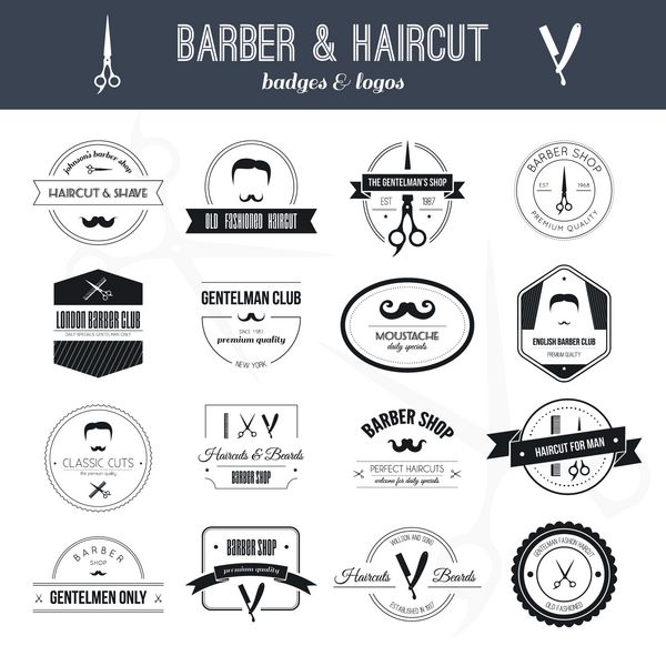 مجموعه کاملی از لوگوهای برش و مدل مو مجموعه لوگو مدل موی مردانه ساخته شده به صورت وکتور نشان ها برچسب ها و عناصر طراحی