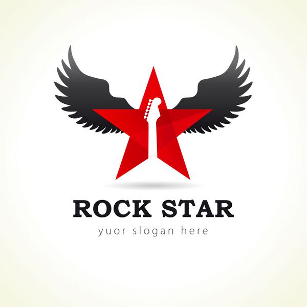 لوگوی قالب برای یک گروه موسیقی به شکل یک ستاره با گیتار بر روی پس‌زمینه بال‌ها لوگوی پرواز ستاره