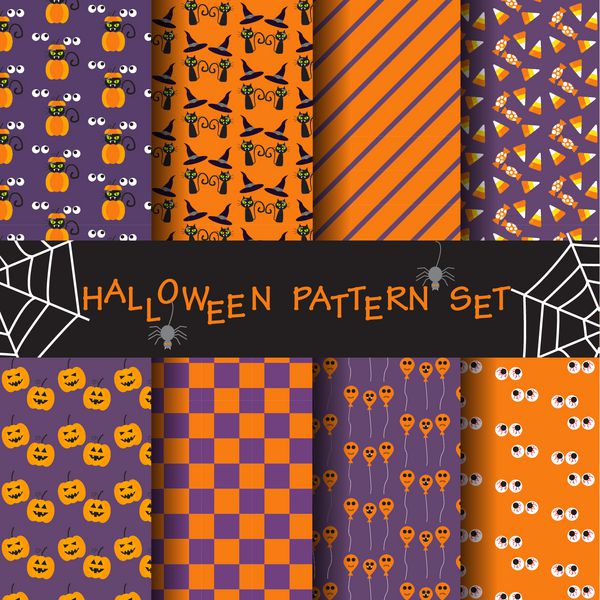 مجموعه 8 الگوی بدون درز خنده دار و زیبا برای هالووین بافت بی پایان را می توان برای کاغذ دیواری پر کردن الگو صفحه وب پس زمینه گشت و گذار استفاده کرد