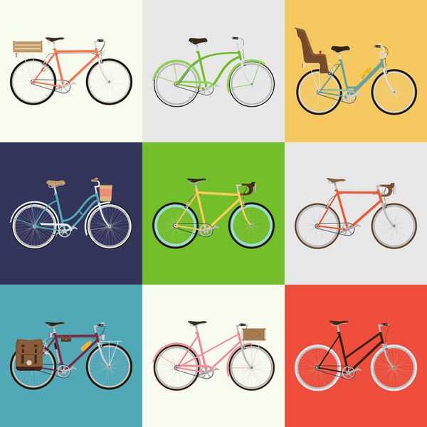 وکتور تخت دوچرخه مدرن شهری شهری و شهری انواع دوچرخه های مختلف با جعبه های چوبی صندلی کودک دوچرخه مسافرتی و تور دوچرخه صورتی لاستیک های سفید چرخ های کربنی و غیره